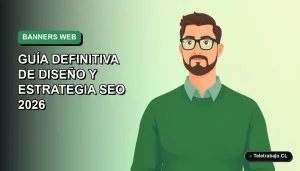 Ilustración plana vectorial de un trabajador remoto masculino con suéter verde, sobre fondo degradado suave, para guía de diseño de banners laterales web y SEO 2026.