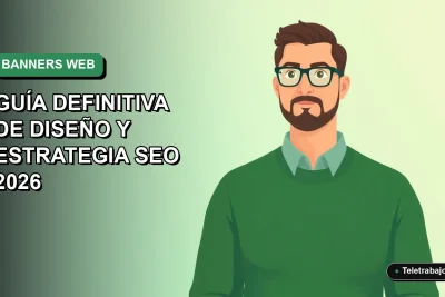Ilustración plana vectorial de un trabajador remoto masculino con suéter verde, sobre fondo degradado suave, para guía de diseño de banners laterales web y SEO 2026.