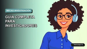 Ilustración vectorial plana de una investigadora sonriente con blusa azul y lentes, sobre fondo degradado suave azul verdoso, para la convocatoria de Becas Beatriz Galindo 2026.