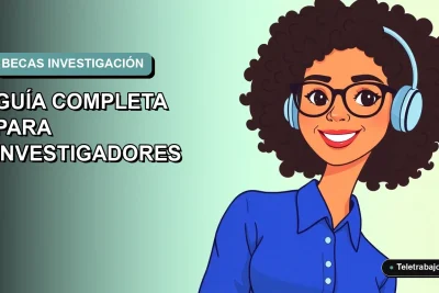 Ilustración vectorial plana de una investigadora sonriente con blusa azul y lentes, sobre fondo degradado suave azul verdoso, para la convocatoria de Becas Beatriz Galindo 2026.