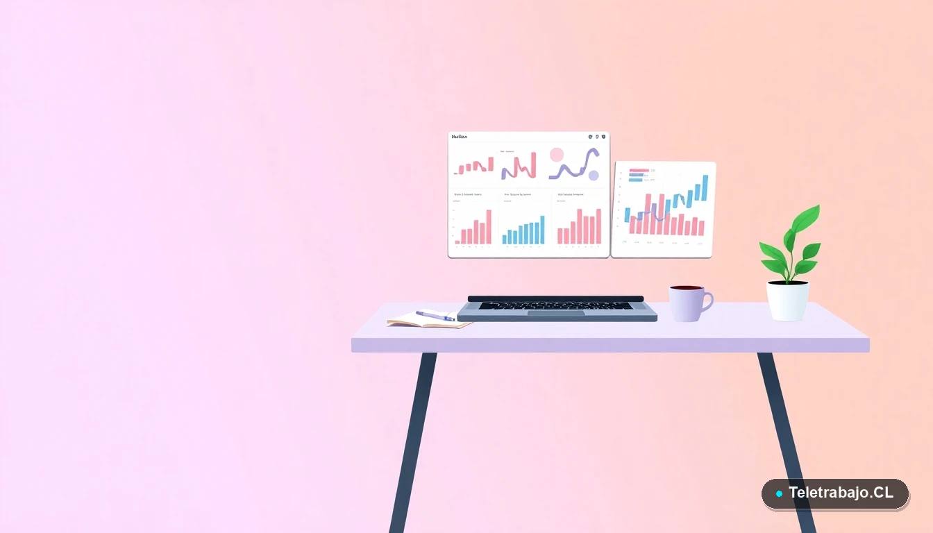 Escritorio moderno minimalista con laptop, gráficos abstractos, taza de café y planta, sobre fondo degradado lavanda y durazno, concepto de investigación y trabajo académico para becas.