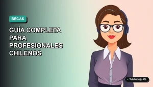 Ilustración plana vectorial de una profesional chilena sonriente, estilo Corporate Memphis, sobre un fondo degradado azul verdoso. Representa oportunidades de estudio en el extranjero.