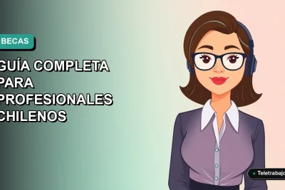 Ilustración plana vectorial de una profesional chilena sonriente, estilo Corporate Memphis, sobre un fondo degradado azul verdoso. Representa oportunidades de estudio en el extranjero.
