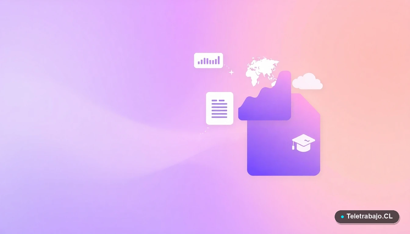 Composición abstracta de iconos de interfaz de usuario: gráficos, carpeta de documentos, mapa mundial y birrete, sobre fondo degradado lila. Concepto de becas internacionales y datos.