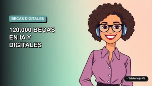 Ilustración plana vectorial de una mujer profesional de teletrabajo sonriendo, con fondo degradado azul verdoso. Representa las becas Google en inteligencia artificial.