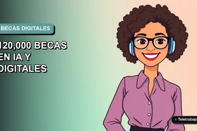 Ilustración plana vectorial de una mujer profesional de teletrabajo sonriendo, con fondo degradado azul verdoso. Representa las becas Google en inteligencia artificial.