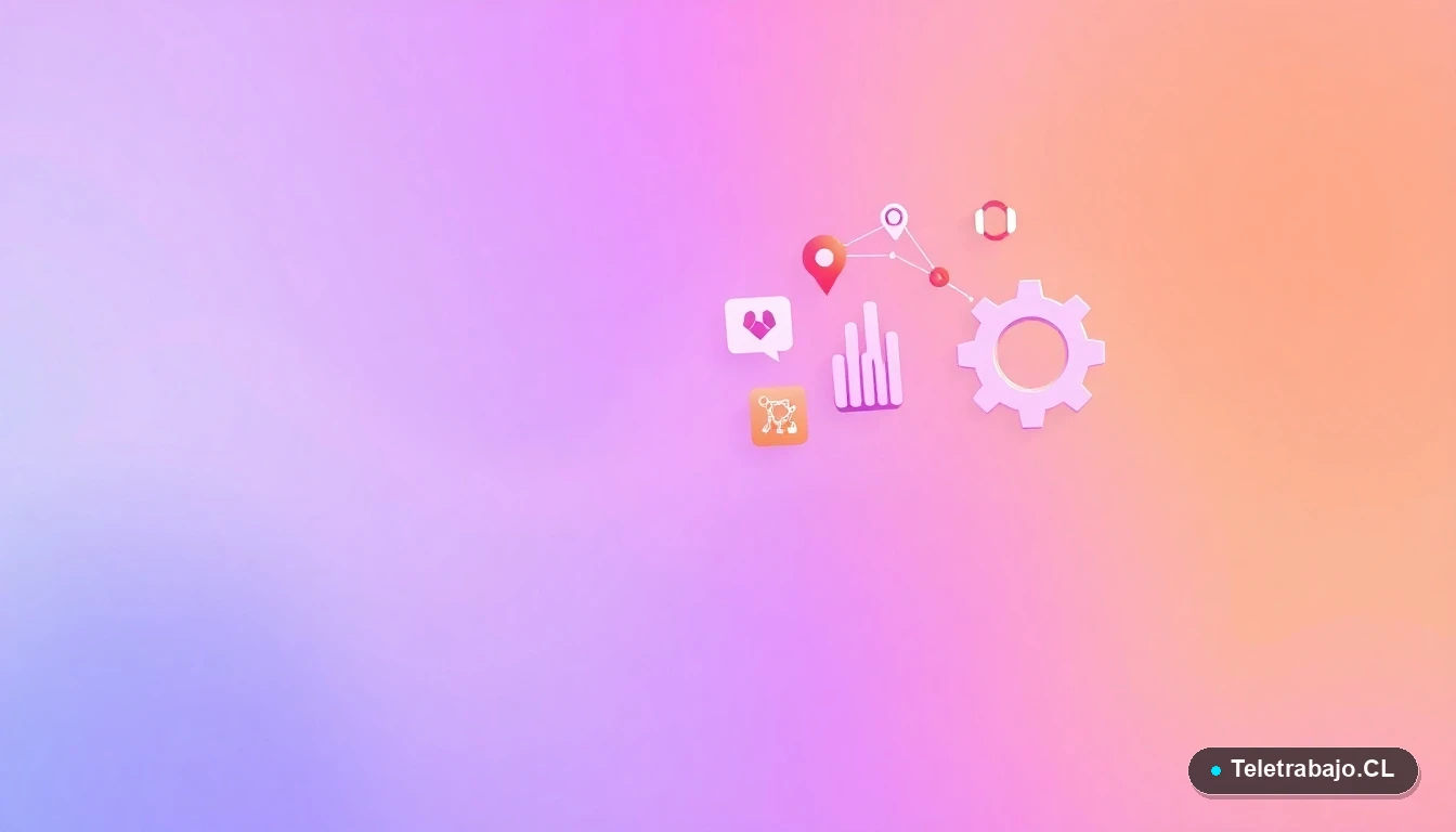 Composición abstracta de interfaz de usuario tecnológica con iconos flotantes de gráficos y engranajes, en colores lavanda y durazno, representando formación en inteligencia artificial.