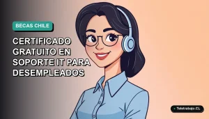 Ilustración vectorial plana de una mujer profesional chilena con blusa azul, sonriendo, sobre fondo degradado verde azulado. Representa beca Google de certificado gratuito en Soporte IT para desempleados.