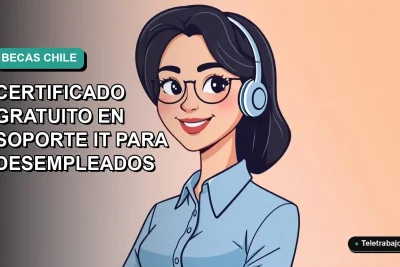 Ilustración vectorial plana de una mujer profesional chilena con blusa azul, sonriendo, sobre fondo degradado verde azulado. Representa beca Google de certificado gratuito en Soporte IT para desempleados.