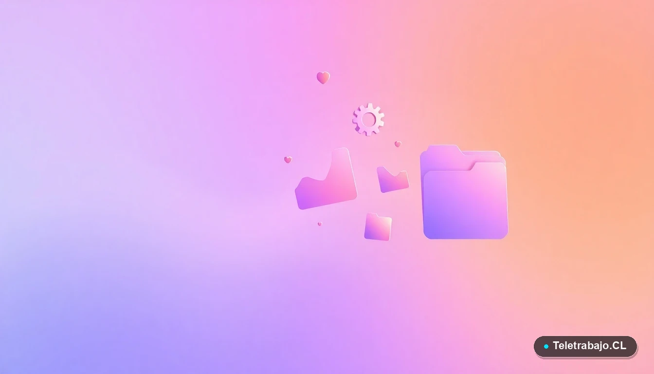 Ilustración abstracta de interfaz tecnológica con gráficos flotantes y engranajes en tonos lavanda y durazno, sobre fondo degradado. Concepto visual para beca de certificación en Soporte IT.