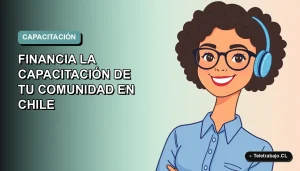 Ilustración vectorial plana de una trabajadora remota sonriente con blusa azul, sobre fondo degradado suave azul verdoso. Espacio negativo a la izquierda.