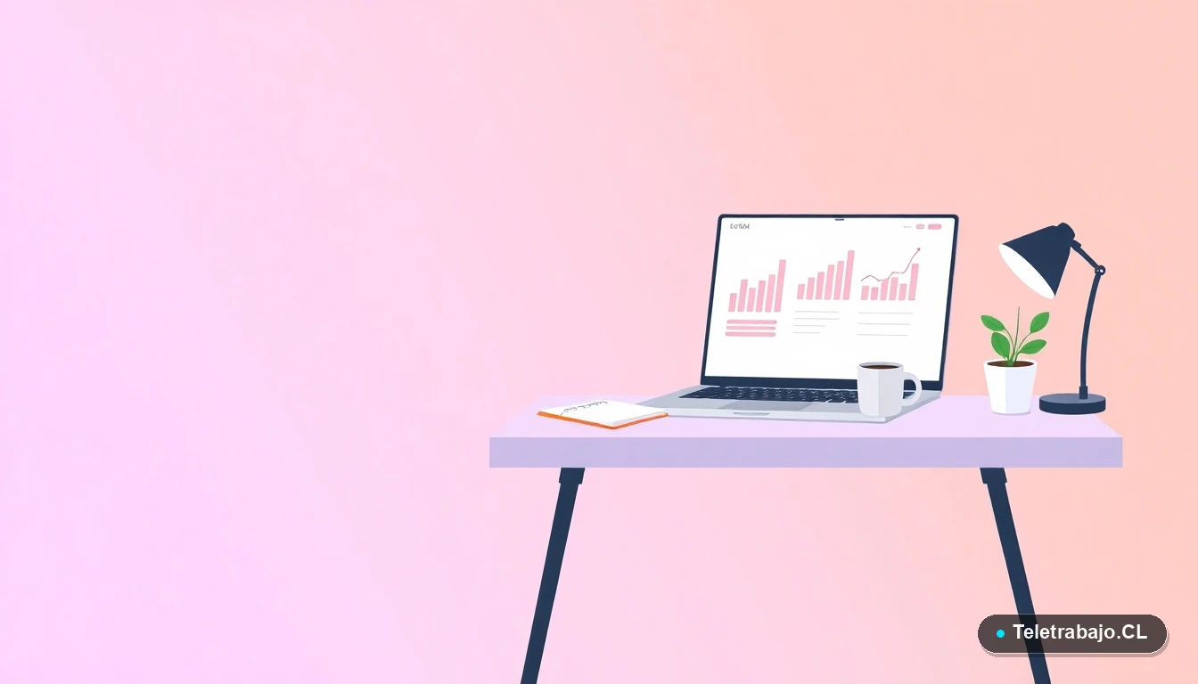 Escritorio moderno minimalista con laptop, taza de café y planta, en estilo ilustración vectorial plana, sobre fondo degradado lila y melocotón.