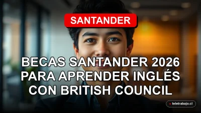 Estudiante profesional sonriendo en oficina moderna para becas de inglés Santander y British Council 2026