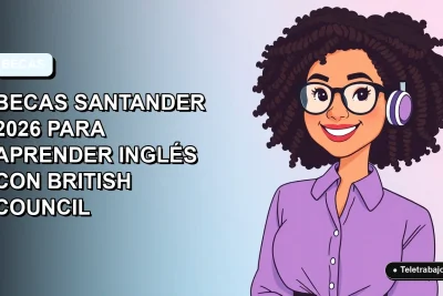 Ilustración plana de mujer profesional feliz con beca para aprender inglés con British Council, fondo degradado azul claro vacío.