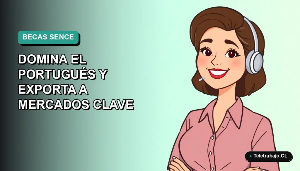 Ilustración plana de una trabajadora remota sonriente, con fondo degradado azul verdoso, representando becas para aprender portugués y exportar.