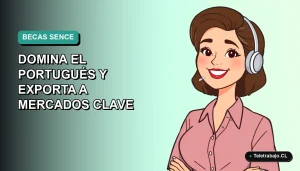 Ilustración plana de una trabajadora remota sonriente, con fondo degradado azul verdoso, representando becas para aprender portugués y exportar.