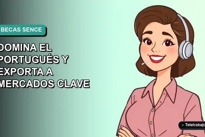 Ilustración plana de una trabajadora remota sonriente, con fondo degradado azul verdoso, representando becas para aprender portugués y exportar.