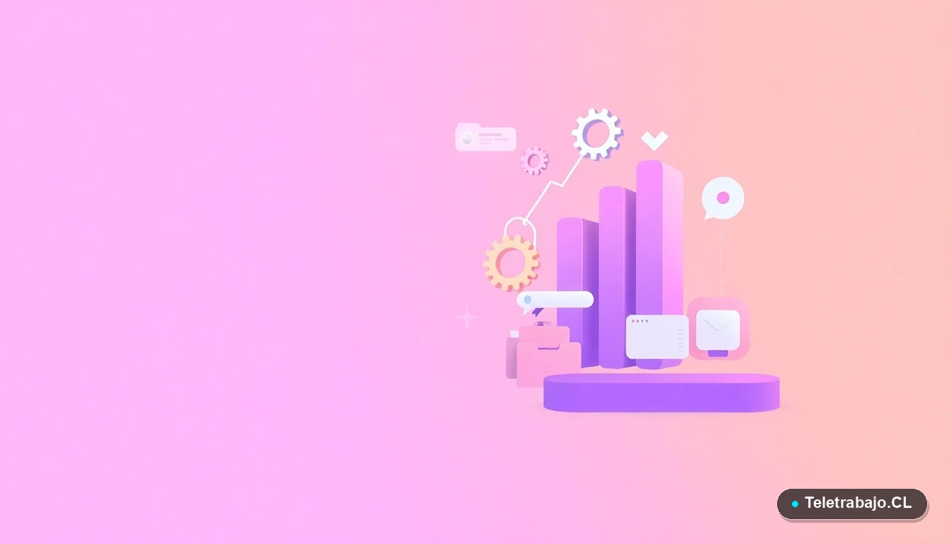 Composición abstracta de interfaz tecnológica con gráficos y engranajes flotantes, sobre fondo degradado lila y durazno, concepto de exportación y datos.