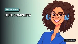 Ilustración plana vectorial de una mujer joven con blusa azul y lentes, sonriendo, sobre fondo degradado azul verdoso. Representa becas STEM para mujeres.