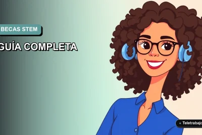 Ilustración plana vectorial de una mujer joven con blusa azul y lentes, sonriendo, sobre fondo degradado azul verdoso. Representa becas STEM para mujeres.