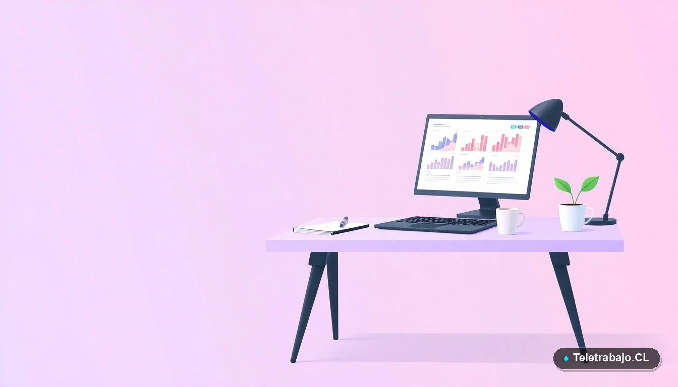 Escritorio moderno minimalista con laptop, planta y taza de café, en estilo de ilustración vectorial plana, sobre fondo degradado lila. Concepto de estudio y trabajo tecnológico.