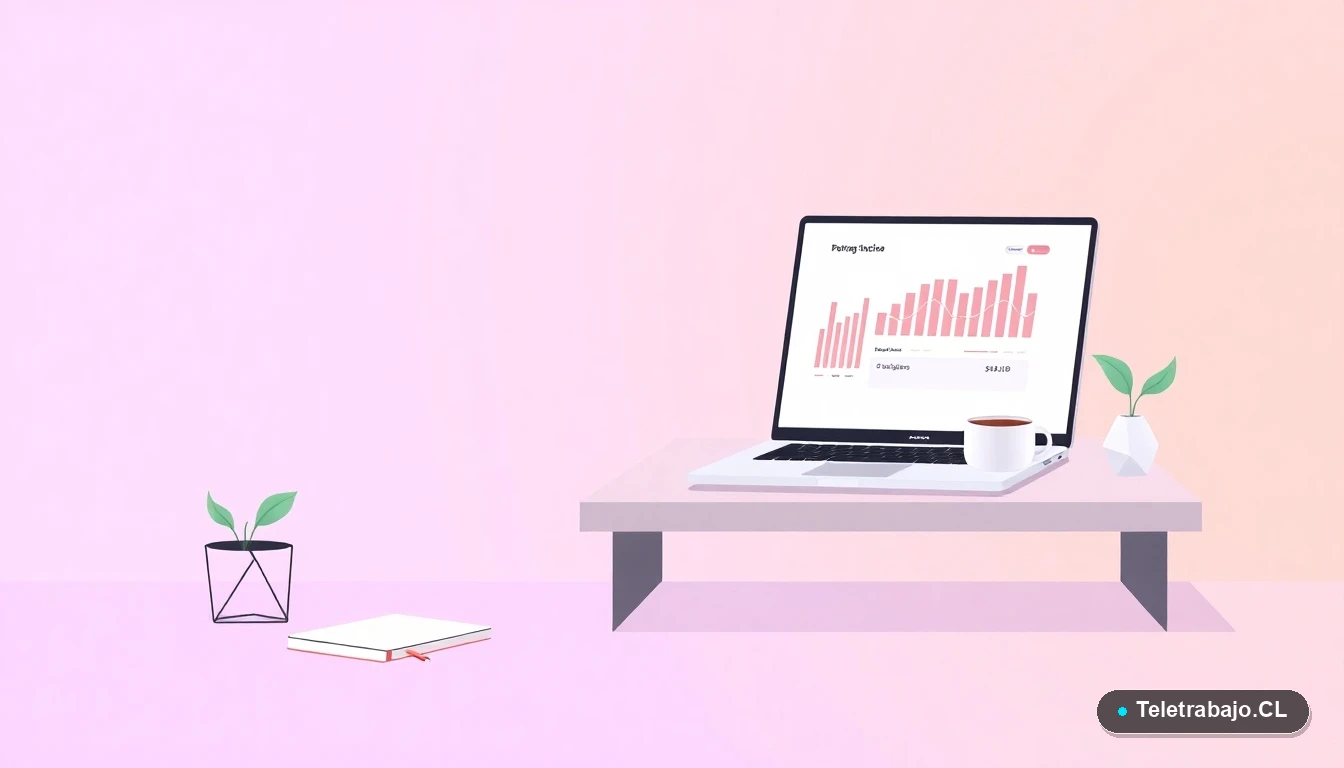 Escritorio moderno minimalista con laptop, gráficos abstractos, taza de café y planta, ilustración plana con fondo gradiente lila y durazno.