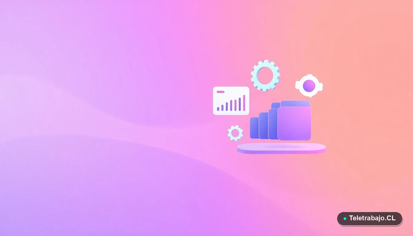 Elementos de interfaz de usuario abstractos y modernos, como gráficos y engranajes flotantes, sobre fondo degradado lila.