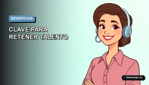 Ilustración plana corporativa de una trabajadora remota feliz con fondo degradado azul, representando los beneficios laborales clave para retener talento.