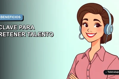 Ilustración plana corporativa de una trabajadora remota feliz con fondo degradado azul, representando los beneficios laborales clave para retener talento.