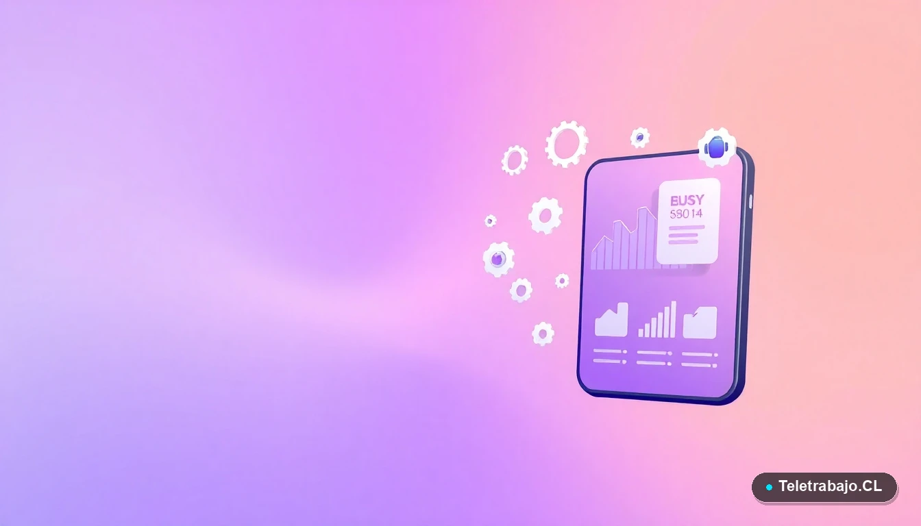 Interfaz de usuario abstracta con gráficos y iconos flotantes, ilustración vectorial plana con fondo degradado lila, representando conceptos de productividad digital.