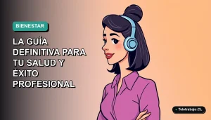 Ilustración plana vectorial de una mujer profesional chilena sonriendo, con fondo degradado azul verdoso, representando el éxito en el trabajo remoto.