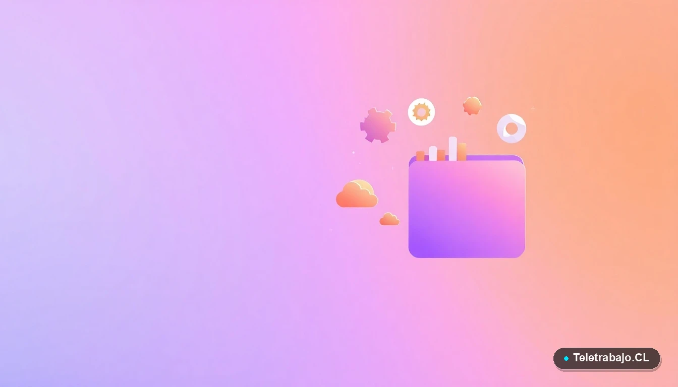 Composición abstracta de interfaz tecnológica con gráficos y iconos flotantes, en colores lavanda y durazno, sobre fondo degradado.