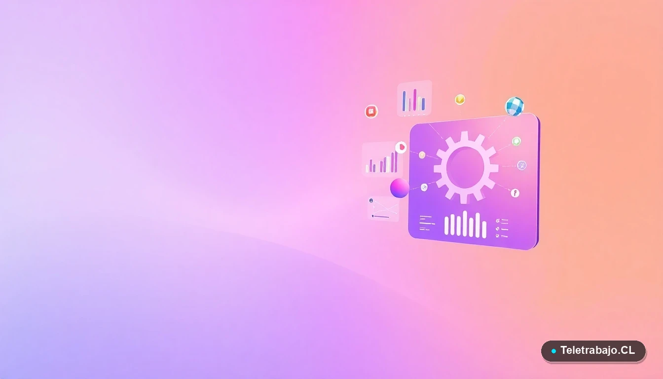 Elementos abstractos de interfaz de usuario tecnológica, con gráficos flotantes y nodos de datos, sobre fondo degradado lila y melocotón.