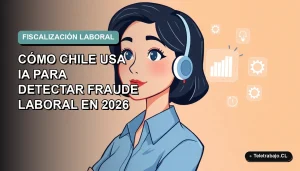 Ilustración vectorial plana de una trabajadora remota con blusa azul, mirando datos en una interfaz flotante, sobre fondo degradado suave teal y blanco.