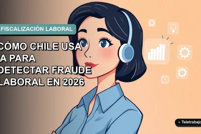 Ilustración vectorial plana de una trabajadora remota con blusa azul, mirando datos en una interfaz flotante, sobre fondo degradado suave teal y blanco.