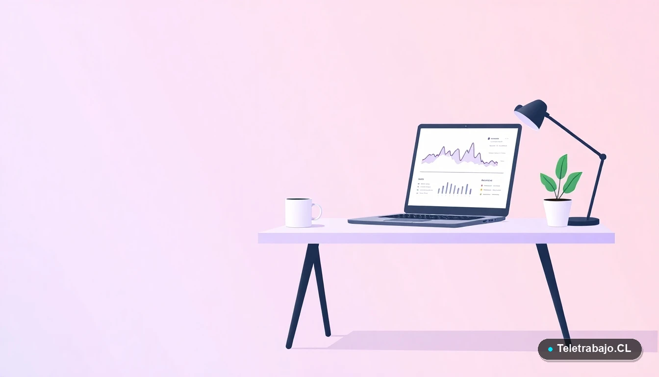 Escritorio moderno vacío con laptop mostrando gráficos de datos, taza de café y planta, sobre fondo degradado lila y gris, concepto de análisis de big data.