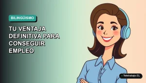 Ilustración plana corporativa de una mujer profesional sonriente con blusa azul, sobre un fondo degradado verde azulado, representando el bilingüismo como ventaja para conseguir empleo.
