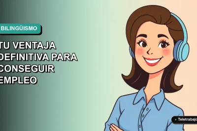 Ilustración plana corporativa de una mujer profesional sonriente con blusa azul, sobre un fondo degradado verde azulado, representando el bilingüismo como ventaja para conseguir empleo.