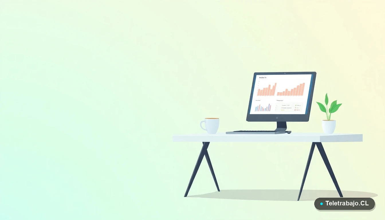 Escritorio moderno minimalista con laptop, gráficos abstractos, taza de café y planta. Ilustración vectorial plana con fondo degradado verde menta, representando un espacio de trabajo productivo.