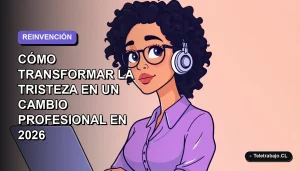 Ilustración plana corporativa de una mujer profesional chilena con expresión pensativa, mirando hacia un espacio vacío con fondo degradado lavanda y azul, concepto de Blue Monday y cambio de carrera 2026.