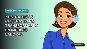 Ilustración vectorial plana de una mujer profesional chilena con blusa azul y peinado moderno, mirando con optimismo. Fondo con degradado suave de azul a verde, espacio negativo a la izquierda.