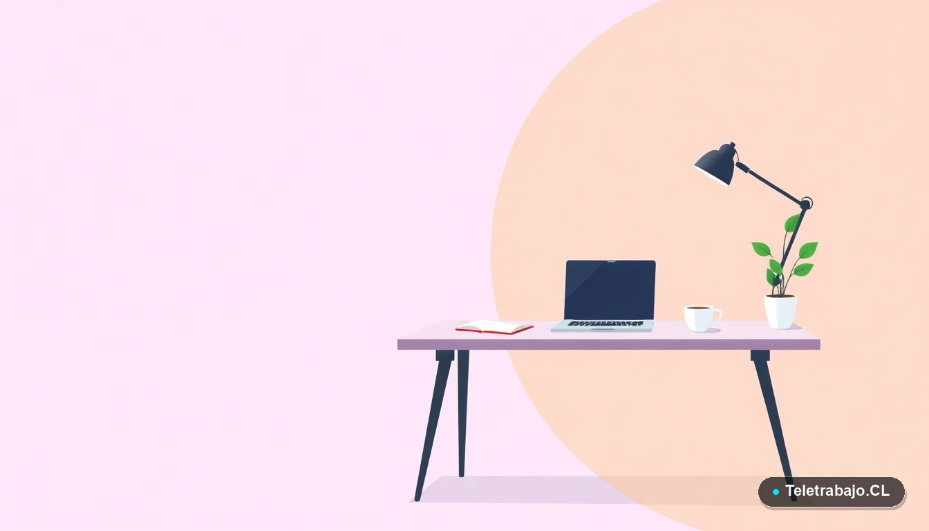 Escritorio moderno minimalista con laptop, cuaderno, taza de café y planta, estilo ilustración vectorial. Fondo con degradado suave de lavanda a durazno, mucho espacio negativo.