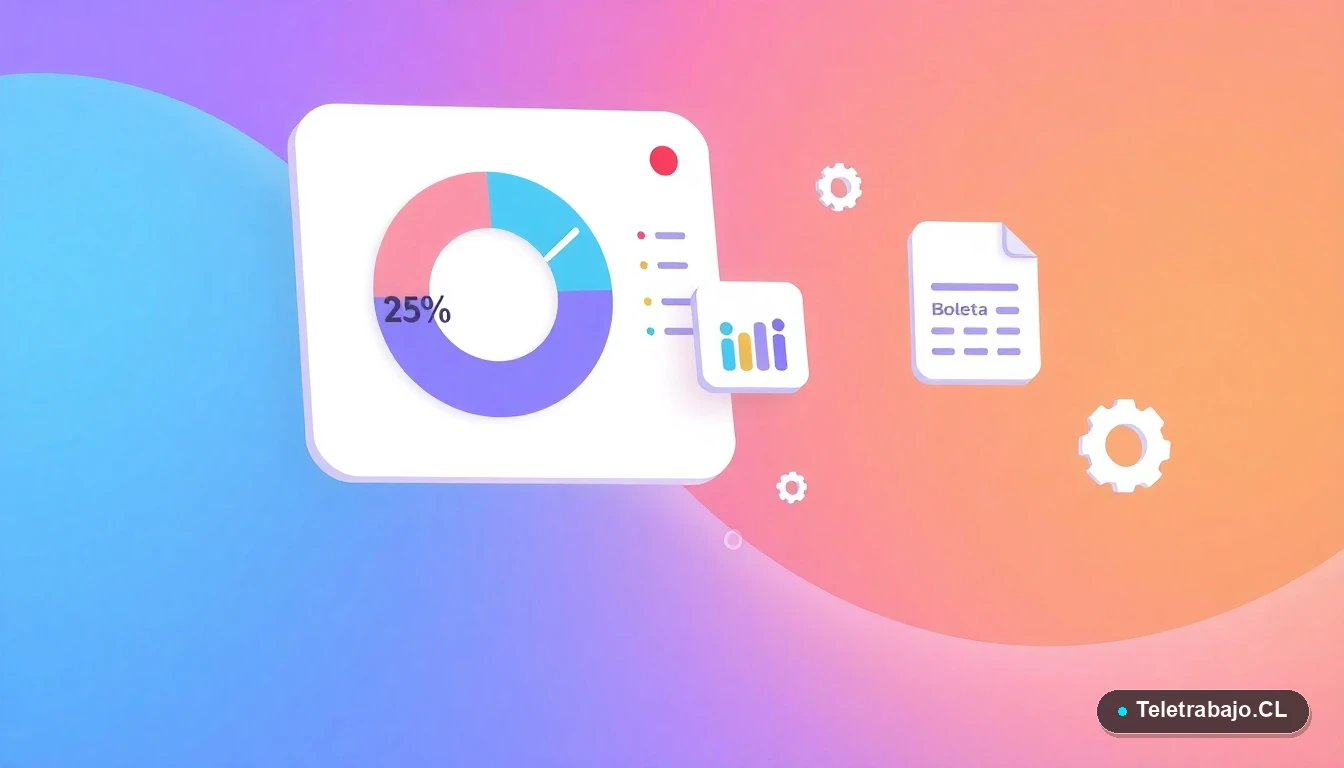 Elementos de interfaz de usuario abstractos y modernos que representan el cálculo y gestión de una boleta de honorarios en Chile.
