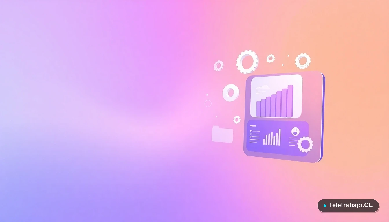 Composición abstracta de interfaz de usuario con gráficos flotantes y iconos de engranajes, en estilo vectorial plano, sobre un fondo de gradiente lavanda.