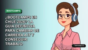 Ilustración plana vectorial de una mujer profesional de tecnología trabajando de forma remota, con fondo degradado suave. Representa el cambio de carrera a IT en Chile.