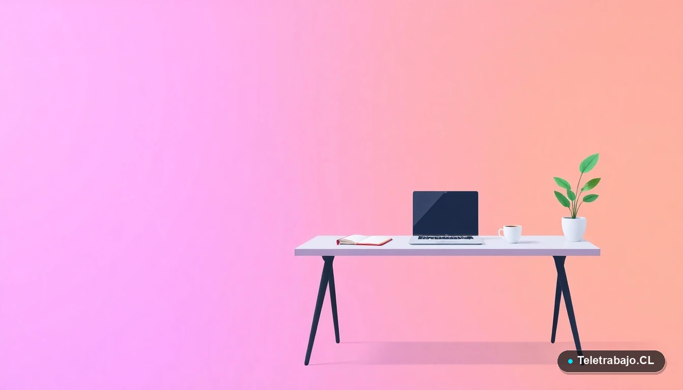 Escritorio moderno minimalista para trabajo remoto en tecnología, con laptop y elementos de oficina, ilustrado en estilo vectorial plano sobre fondo degradado lavanda.