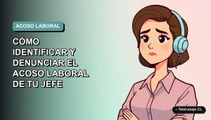 Ilustración vectorial plana de una trabajadora de tecnología con expresión preocupada, sobre fondo degradado azul verdoso. Representa el acoso laboral o bossing.