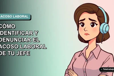 Ilustración vectorial plana de una trabajadora de tecnología con expresión preocupada, sobre fondo degradado azul verdoso. Representa el acoso laboral o bossing.