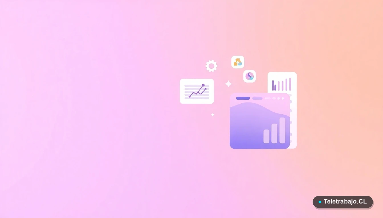 Elementos de interfaz de usuario abstractos y minimalistas: gráficos, engranajes y carpetas flotantes sobre fondo degradado lila y durazno.