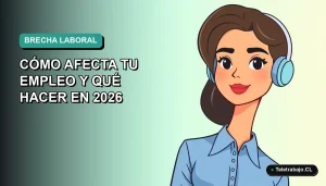 Ilustración vectorial plana de una mujer profesional chilena con blusa azul, mirando a la cámara, sobre fondo degradado verde azulado. Concepto de brecha de género en el empleo.